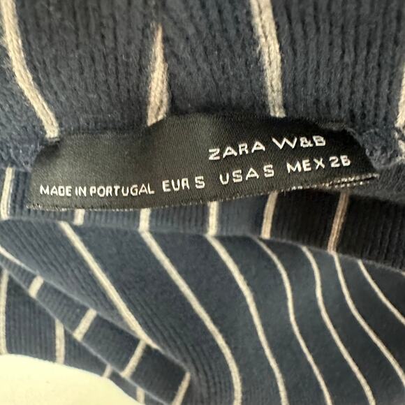 Zara W&B Collection Womens Half Sleeve Mock Neck Navy/White Striped Shirt Small - Picture 8 of 10